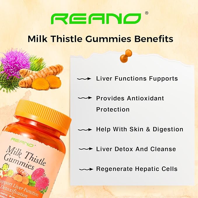 REANO Milk Thistle Gummies with Artichoke and Turmeric, 30:1 Concentrated Extract, 80% Silymarin, 30% Silybin, Non-GMO, Gluten-Free, 90 Count