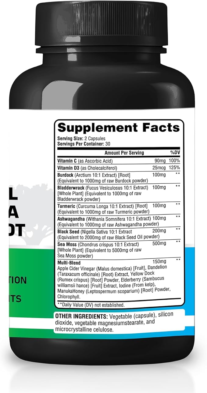 Sea Moss, Black Seed Oil, Ashwagandah & Burdock Root - Antioxidant Multivitamin Blend - 60 Capsules