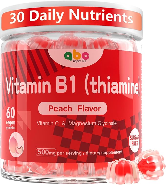 Vitamin B1 Gummies 300mg for Adults & Kids,Chewable Thiamine B1 Supplement with 150mg Magnesium,Nervous System Healthy Energy,Natural Peach Flavor,Non GMO,Vegan 60 Count Sugar-Free 1-Month Supply