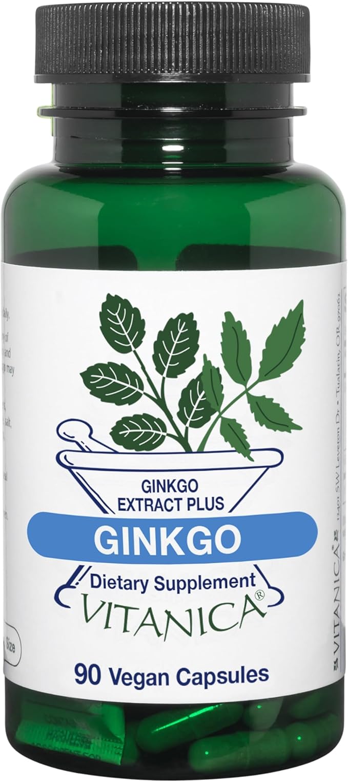 Vitanica Ginkgo Biloba Extract Supports Circulation and Cognitive Health, Standardized to 24% Flavone Glycosides, 6% Terpene Lactones, Vegan, Non-GMO, Gluten Free, 90 Capsules (Ginkgo Pro Logo)