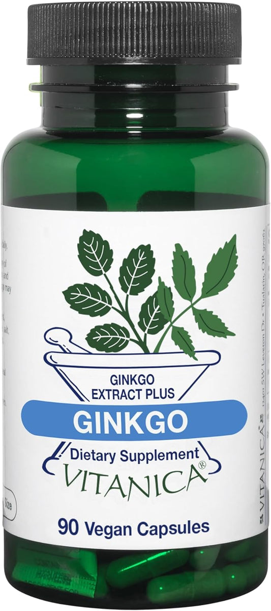Vitanica Ginkgo Biloba Extract Supports Circulation and Cognitive Health, Standardized to 24% Flavone Glycosides, 6% Terpene Lactones, Vegan, Non-GMO, Gluten Free, 90 Capsules (Ginkgo Pro Logo)