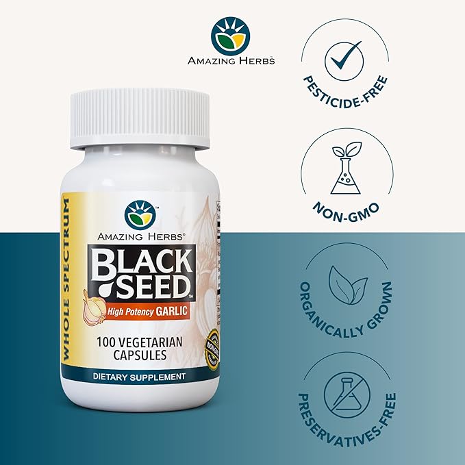 Amazing Herbs Whole Spectrum Black Seed & High Potency Garlic, Vegetarian Capsules - Gluten-Free, Non-GMO, Vegan, Supports Immune System, Lung Function, & Cardiovascular Health - 100 Count