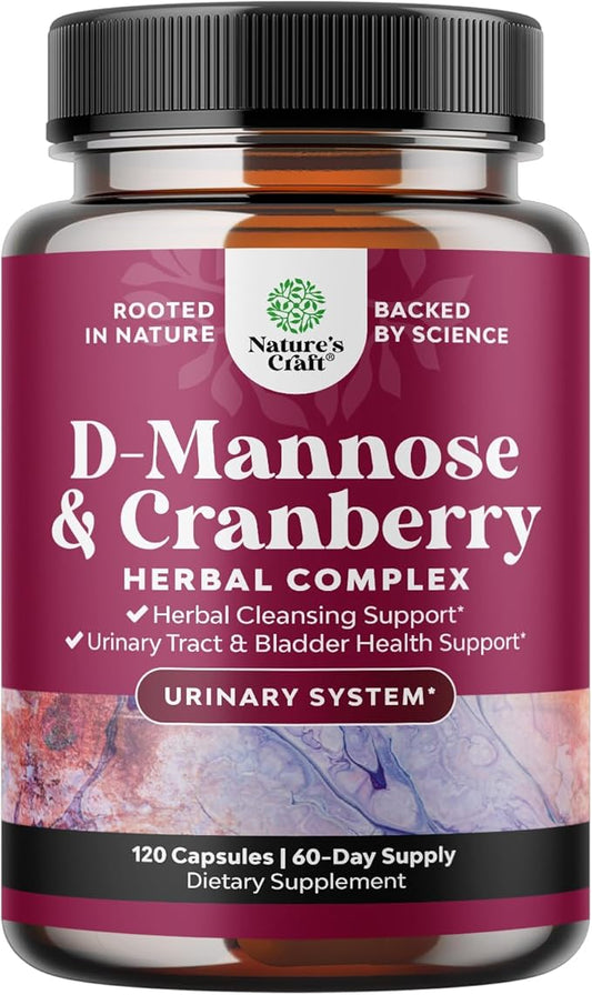 D Mannose with Cranberry Supplement - Potent D Mannose 1000mg Capsules for Kidney Defense Support & Cleanse and Urinary Tract Health for Women & Men - Bladder Health Supplement for Adults - 120 Count