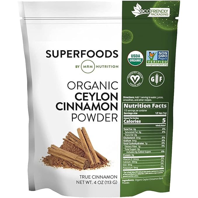 MRM Nutrition Organic Ceylon Cinnamon Powder | Superfoods | True cinnamon | Antioxidants | Heart health | Vegan + Gluten-free | 113 servings
