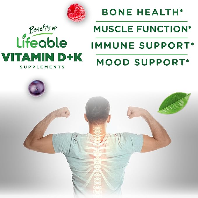 Lifeable Vitamin D3 K2 Gummies for Adults | 1000iu D3 and K2 100mcg | Great Tasting D3 and K2 Supplements | for Bone Health and Immunity | VIT D3 K2 for Adults, Men, and Women | 60 Gummies