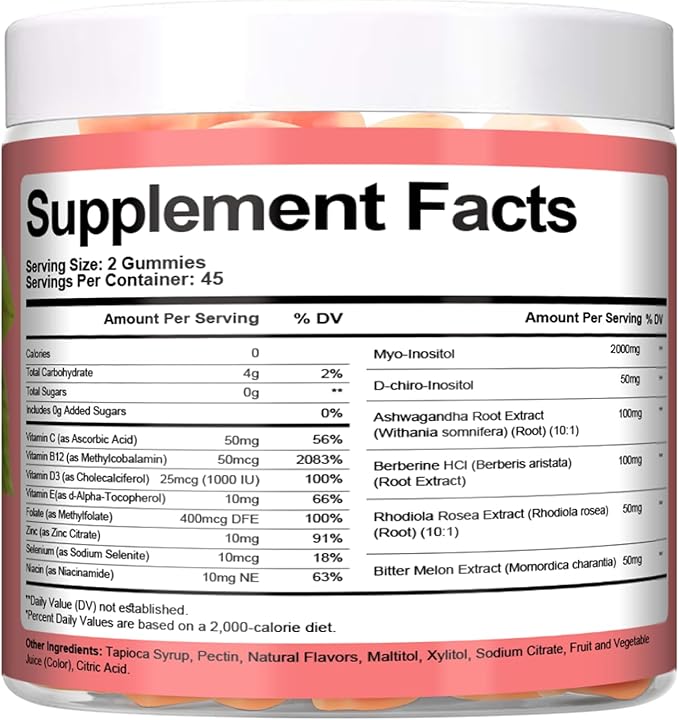 18-in-1 Inositol Supplement, Multivitamin Inositol Gummies with Vitamin C, B12, D3, E, Folate, Berberine, Rhodiola, Hormone Balance for Women&Ovarian* Support | Vegan, Non GMO - 90 Count