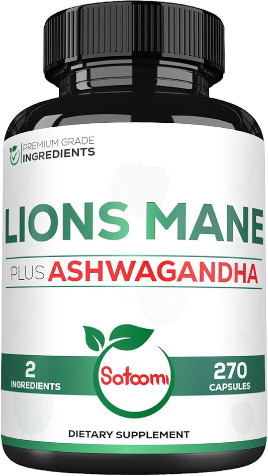 Satoomi Lions Mane Supplement Capsules with Ashwagandha Supplement - 270 Capsules - High Concentrated for Restful Mind, Brain Health, Immune System & Focus Support - Gluten-Free, Non-GMO