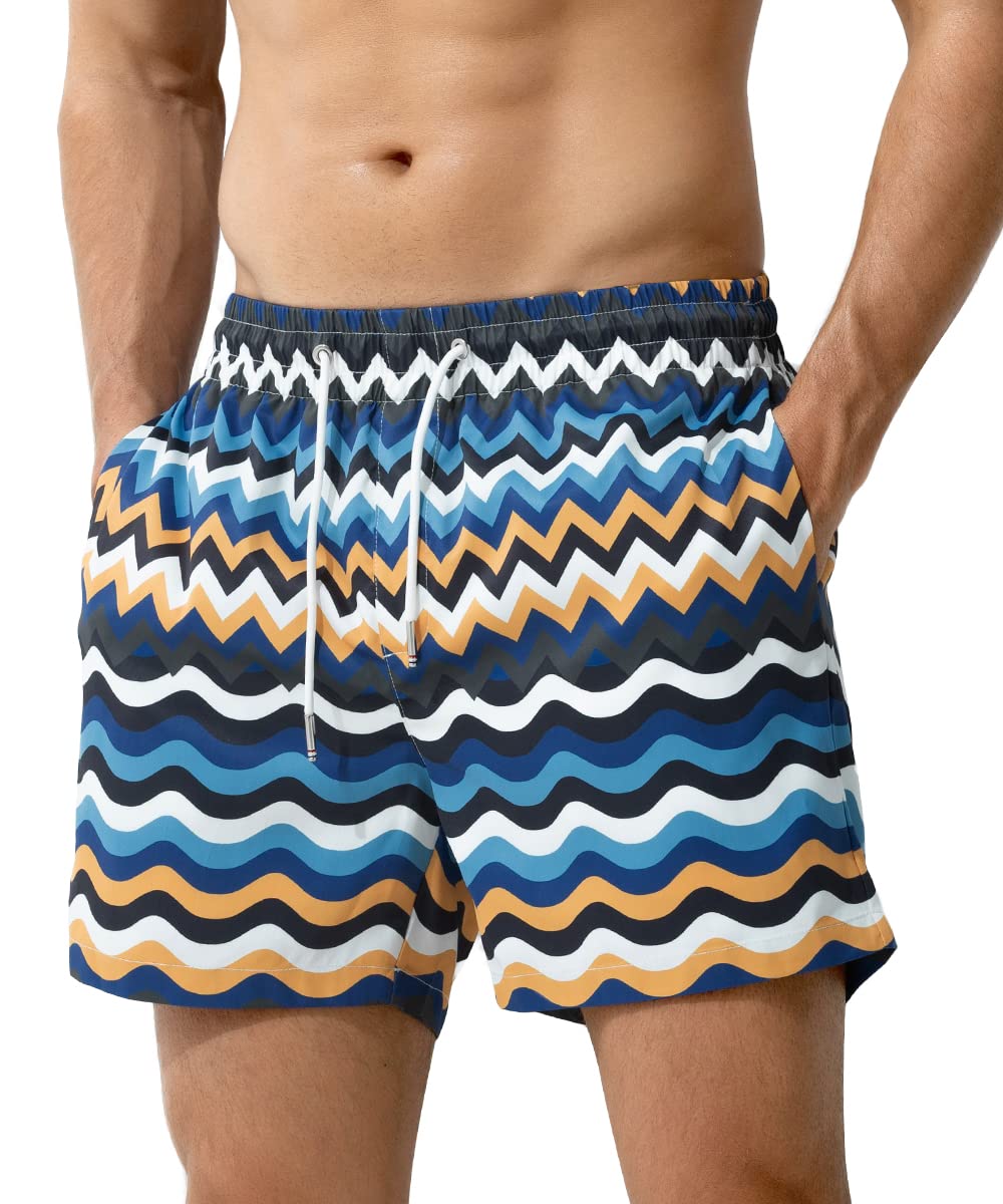 Arjen Kroos Mens Swim Trunks Quick Dry 5 Inch Inseam Swim Shorts for Men Bathing Suit with Pockets and Soft Lining Printed Swimwear Beach Shorts，AK2217-Yellow,Medium