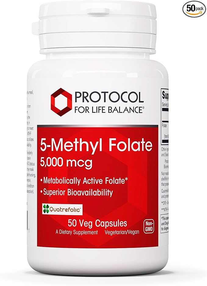 PROTOCOL FOR LIFE BALANCE 5-Methylfolate 5,000mcg - Superior Methyl Folate Bioavailability - for Brain Support - Folate Supplement for Women & Men - Kosher & Vegan - 50 Veg Caps
