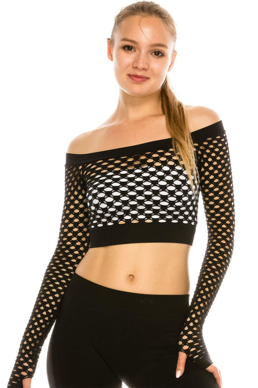 Kurve Women’s Sexy Fishnet Top - Stretchy See Through Long Sleeve Layer Mesh Shirt Crop Top Party Clubwear Cover Up Black