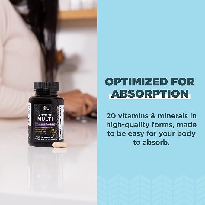 Ancient Nutrition Multivitamin for Women, Ancient Multi Women's 40+ Once Daily Vitamin Supplement, Vitamin B, Vitamin C and Vitamin K2, Folate and Iron Supplement, Supports Bone Health, 30ct