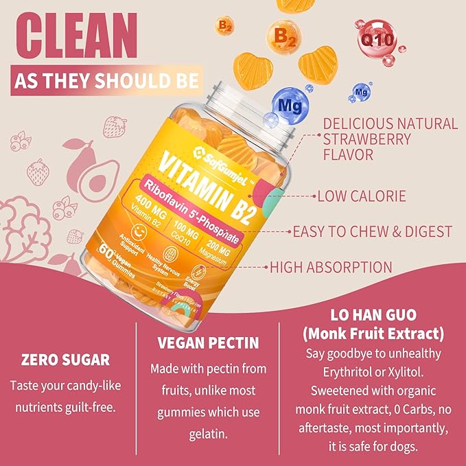 Vitamin B2 Gummies, Bioactive Form Riboflavin 400mg with Magnesium & CoQ10 for Energy & Nervous System Support, Sugar Free B2 Vitamin VIT B, Vegan, 60 Cts