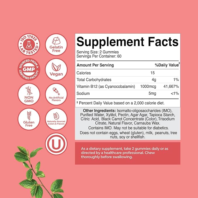 Vitamin B12 Gummies for Adults - Sugar Free Vitamin B12 1000 mcg Chewable Gums for Energy & Mood Support, Immune & Nerves Health - Kosher Non-GMO & Gluten Free Supplement for Women & Men - 120 Count