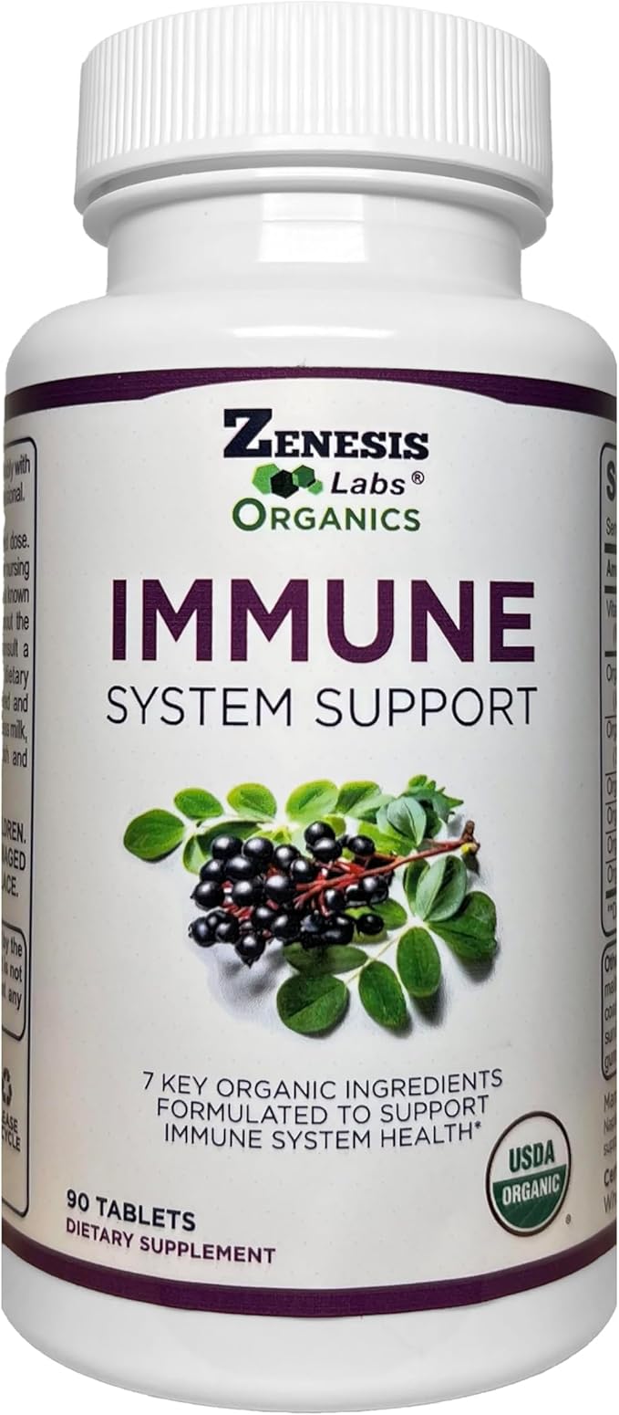 Zenesis Labs Organic Immune Support Supplement Vitamin C, Moringa, Elderberry, Astragalus, Oregano, Ginger, Garlic (90 Tablets, 30 Day Supply)