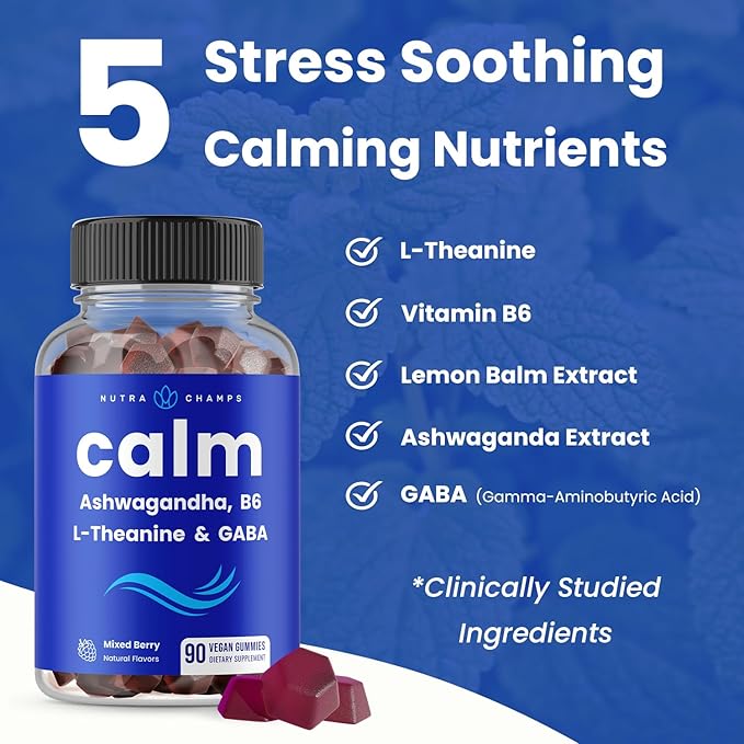 NutraChamps Calm Gummies, Stress Gummies Supplement with Ashwagandha, L-Theanine, GABA, Vitamin B6 & Lemon Balm, 90 Gummies (Pack of 2)