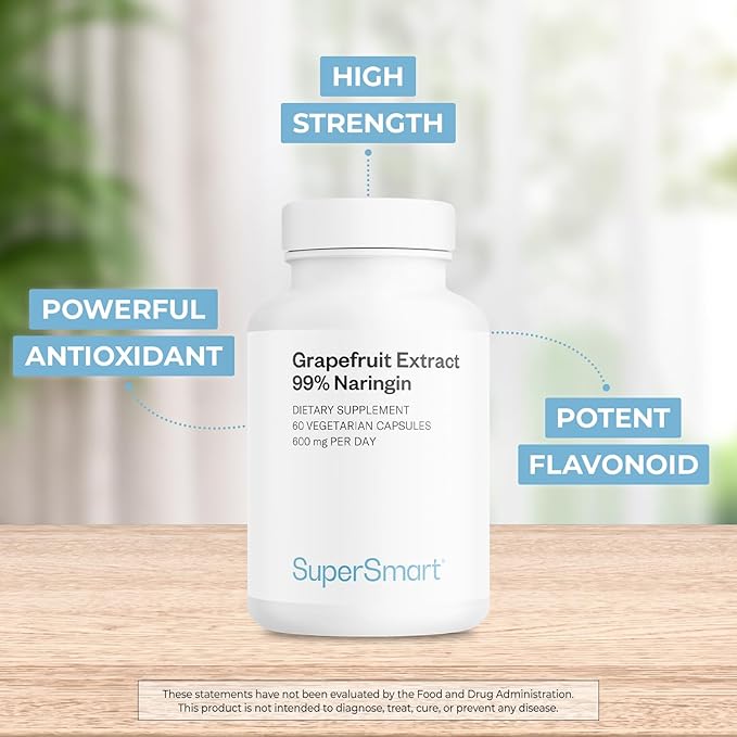 Supersmart - Grapefruit Extract 600mg per Day (99% Naringin) - High Potency GSE Supplement | Non-GMO & Gluten Free - 60 Vegetarian Capsules
