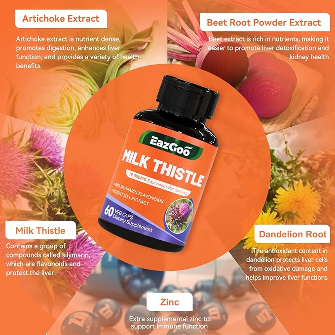 Milk Thistle Capsules 19000mg Equivalent, 50X Concentrated Seed Extract & 80% Silymarin Standardized, Liver Support Supplement, Vegan, Non-GMO, 60 Capsules