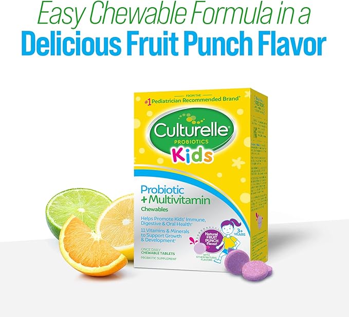Culturelle Kids Probiotic + Complete Multivitamin Chewable For Kids, Ages 3+, 30 Count, Digestive Health, Oral Health & Immune Support - With 11 Vitamins & Minerals, including Vitamin C, D3 & Zinc
