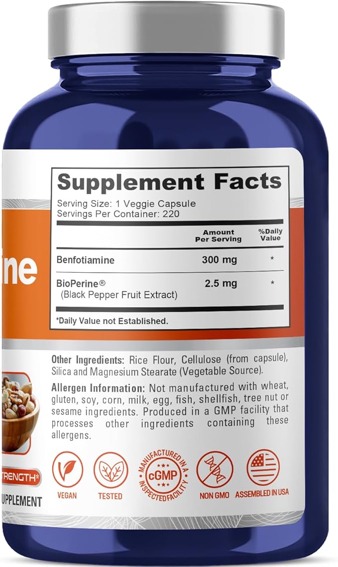 NusaPure Benfotiamine 300mg Per Veggie Caps 220 Count (Non-GMO, Vegan, Gluten-Free) Bioperine