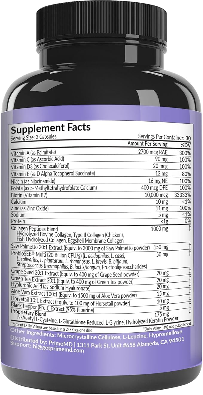 27-in-1 Hair Skin and Nails Vitamins (6810mg) with Biotin 10000mcg - Collagen Supplements for Men and Women - Keratin Supplements with Probiotics and Saw Palmetto, 90ct