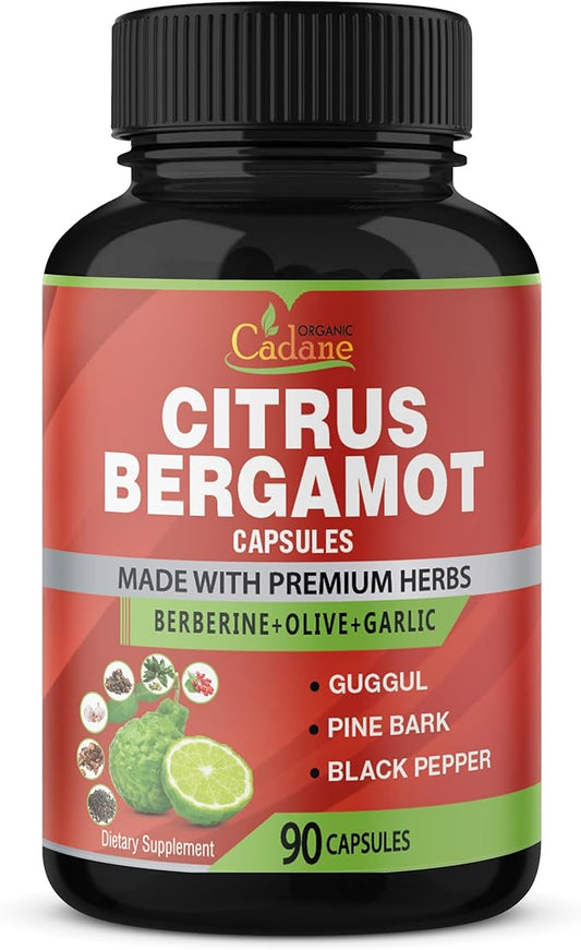 Organic Cadane Citrus Bergamot Supplement Extract Capsules, 90 Capsules & Berberine, Olive, Guggul, Garlic, Pine Bark, Black Pepper | Supports Overall Health, Immune System | 3 Months Supply