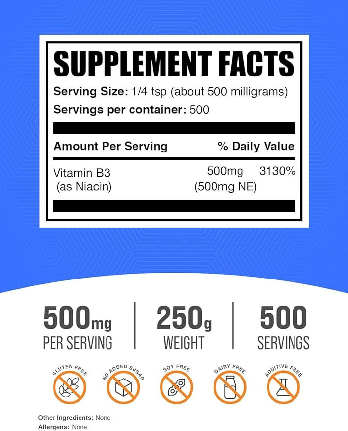 BulkSupplements.com Niacin Powder - Vitamin B3 Supplement, Niacin Flush - Gluten Free, 500mg per Serving, 250g (8.8 oz) (Pack of 1)