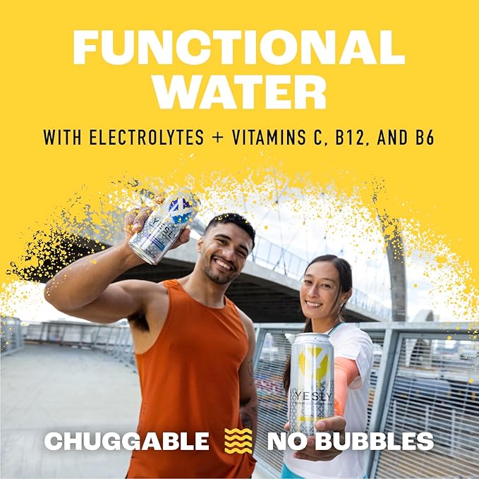 Yesly Functional Water, Lemon, Naturally Flavored Still Water with Electrolytes, Magnesium, Potassium, Vitamin C, B6 & B12, Zero Sugar, No Artificial Sweeteners, Caffeine Free, 16 Fl Oz Cans, 12 Pack