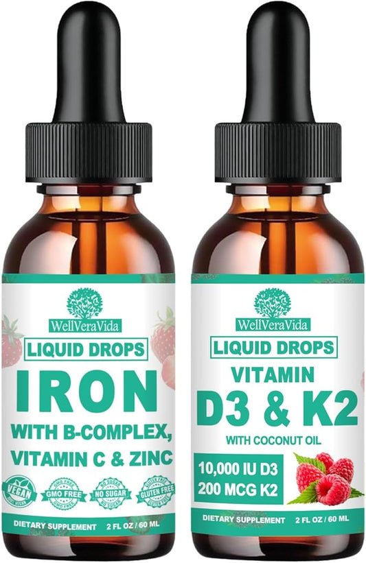 Vegan Iron+D3 K2 Vitamin Bundle：Iron with Vitamin C, B-Complex, Vitamin D3 K2 10000iu Coconut Oil Liquid Drops, Nutritional Bundle for Overall Well-Being