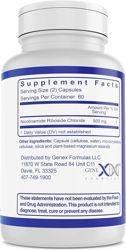 Genex Formulas NR Nicotinamide Riboside 500mg/Serving (120 Capsules) NAD+ Precursor for Healthy Aging - GMP-Certified, Non-GMO, Gluten-Free, Vegetarian (1 Pack)