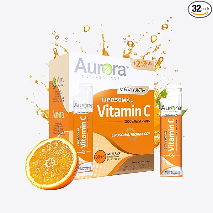 Aurora Nutrascience Mega-Pack Liposomal Vitamin C, Immune Support, 3,000 mg per Serving, Vegan, Gluten Free, Non-GMO, 32 Single Serve Packets, Orange