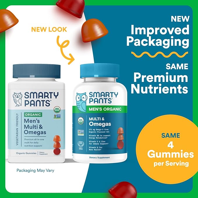 SmartyPants Multivitamin for Men, Organic Gummies: Methylfolate, Omega 3 (ALA), Vitamin D3, C, Vitamin B12, B6, A, K & Zinc for Immune Support, Biotin, Vegetarian, 120 Gummies (30 Day Supply)