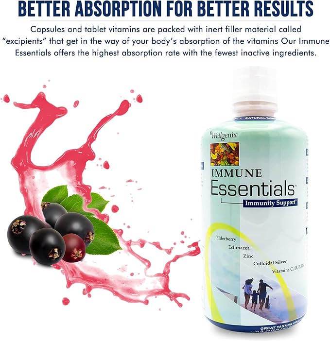 Wellgenix Immune Essentials - Multivitamin Liquid for Men, Women & Kids - Vegan Supplement with Vitamins C, D Elderberry Zinc, Echinacea for Toddler, Kid & Adult 32oz (Pack of 2)