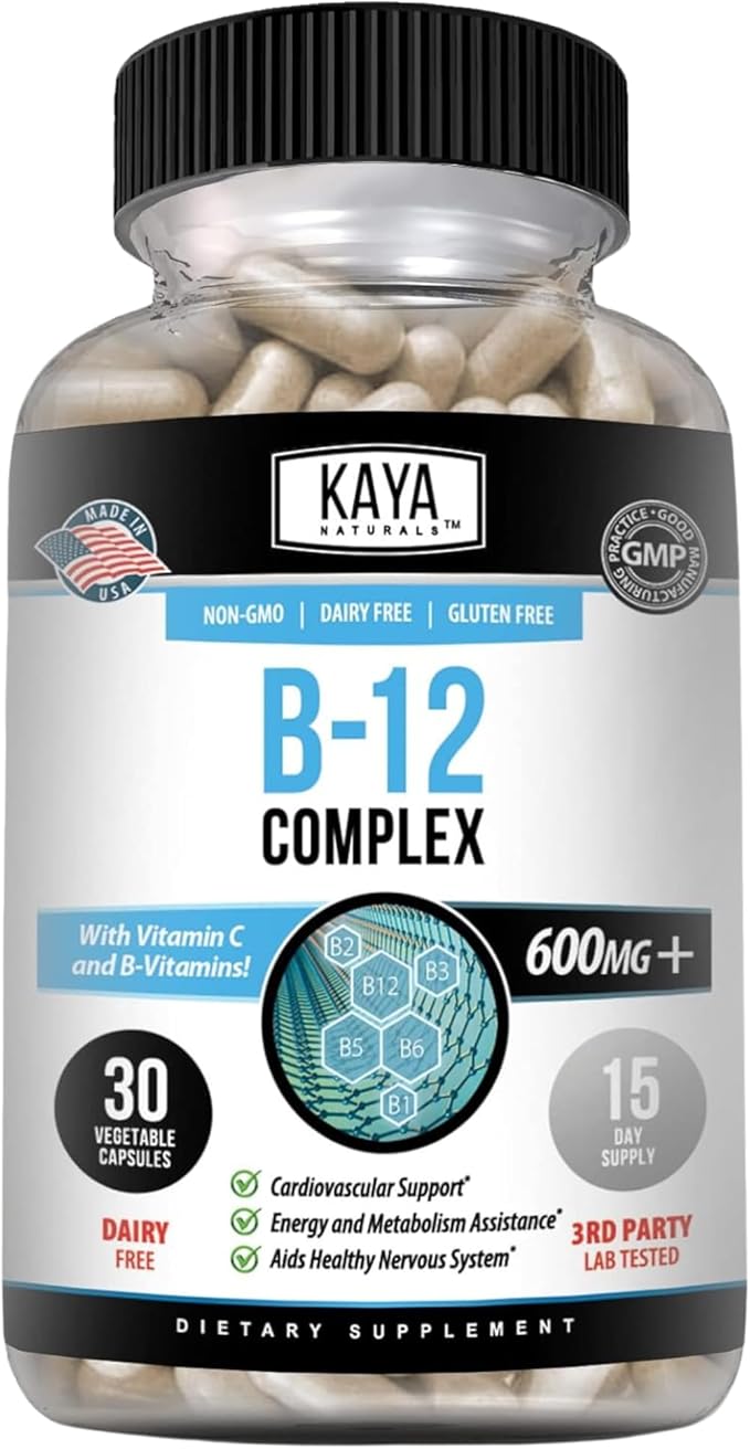 Kaya Naturals B-12 Complex | Multivitamin Supplement for Women & Men Energy and Metabolism Booster | B-Complex Vitamin with Biotin, Choline, Inositol, Folate, and Vitamin C - 30 Capsules
