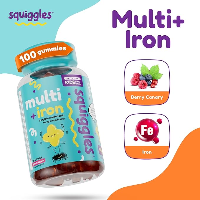 Squiggles Sniffle Berries (100 Count) + Multivitamin Iron Gummies (100 Count) - Low Sugar Gummy Vitamins with Iron Supplements for Kids & Kids - Bundle