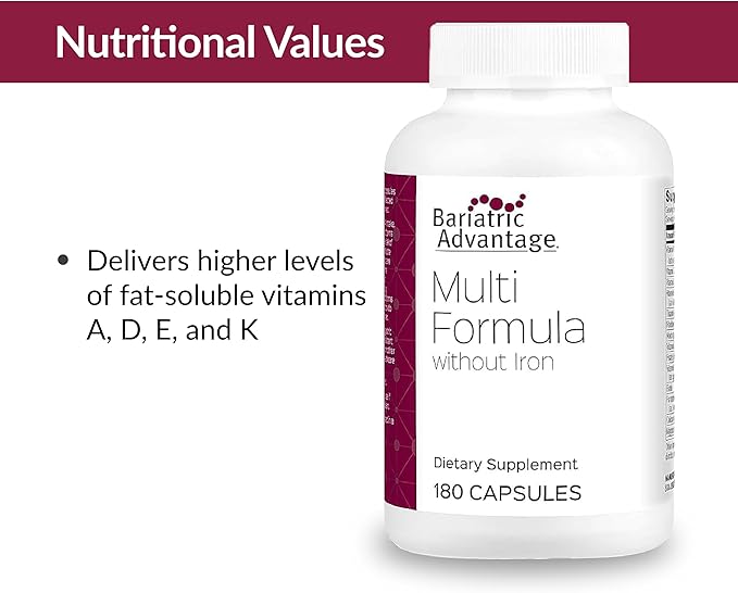 Bariatric Advantage Multi Formula without Iron, High Potency Daily Multivitamin for Bariatric Surgery Patients with 22 Essential Vitamins and Nutrients - 180 Capsules