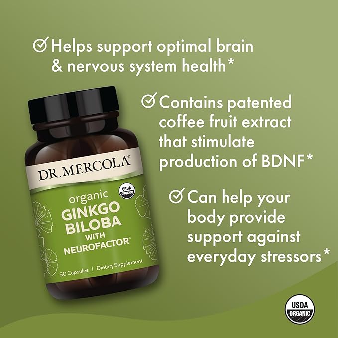 Dr. Mercola Organic Ginkgo Biloba with Coffee Fruit Extract Dietary Supplement, 30 Servings per Container (30 Capsules), Supports Mitochondrial Health as Well as Brain and Cognitive Function