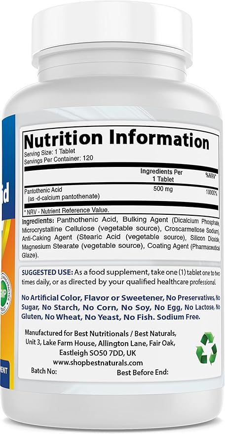 Best Naturals Pantothenic Acid 500 mg 120 Tablets