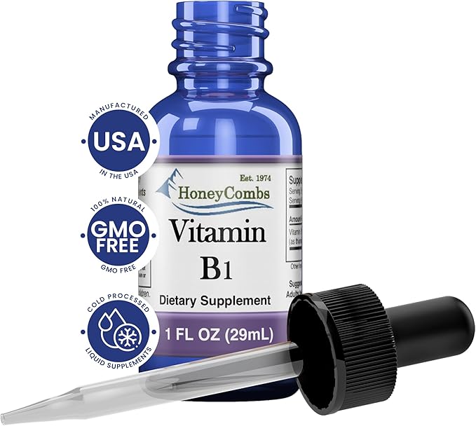 HoneyCombs Vitamin B1 Supplement (Thiamine) Liquid Drops - High Potency Thiamine B1 Supplement for Men & Women - Maintain Nervous System, Energy & Overall Health - Vegan Liquid B Vitamins (1 Fl oz)