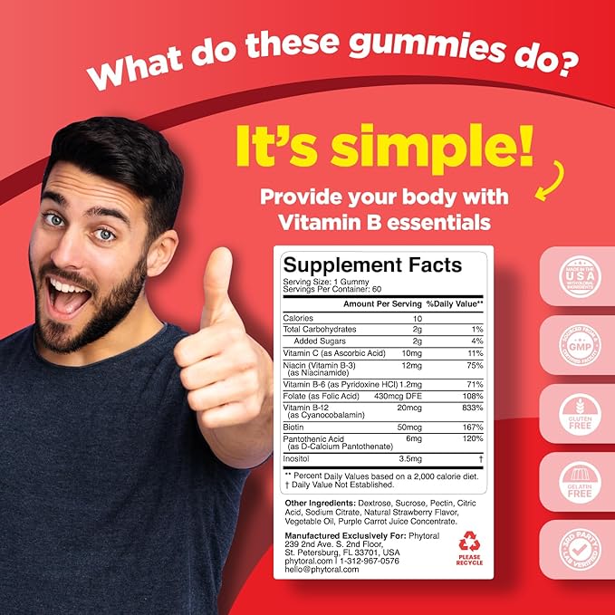 Vitamin B Complex Gummies for Adults & Kids - B Vitamins Complex with Thiamin, Riboflavin, Niacin, 6, 12 and Folate - Blend Supplement for Nervous System Support, Energy & High Strength - 60 Gummies