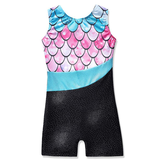 Girls Gymnastics Leotards Kids Biketards With Shorts 4t 5t Sparkle Mermaid Sleeveless Hotpink Dance Unitards (Mermaid Pink, 110(4-5 years old))