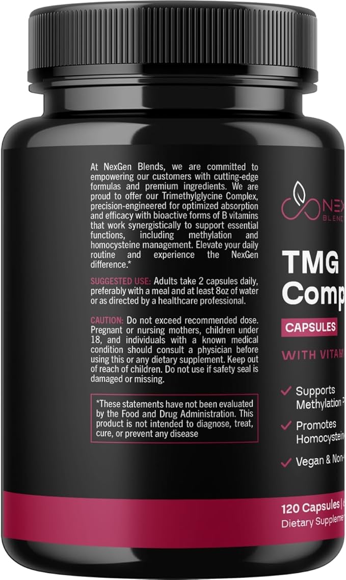 TMG Trimethylglycine Supplement with Methyl B Complex - 500mg Betaine TMG Supplement with Methylated Vitamin B Co Factors for Homocysteine Heart & Liver Support - Vegan & Non-GMO (2 Month Supply)