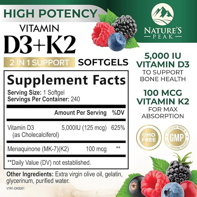 Vitamin D3 K2 Supplement | 5000 IU Vitamin D3 & 100 mcg Vitamin K2, 2 in 1 Vitamin D with K2 Complex Softgels, Support Immune, Heart, Joint, Teeth & Bone Health, Easy to Swallow, Non-GMO, 240 Softgels