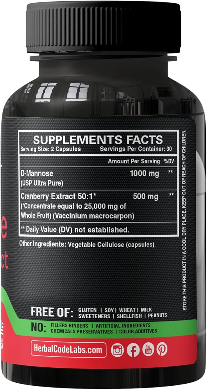 D-Mannose with Cranberry Extract Capsules 1500mg – High Potency USP Grade D-Mannose Supplement with Whole Fruit Cranberry Powder – Urinary Tract Support – Non-GMO 60 Capsules