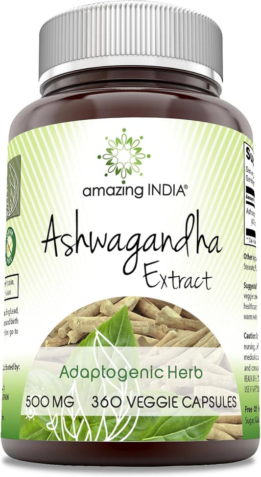 Amazing India Ashwagandha Extract 500 Mg Veggie Capsules Supplement | Non-GMO | Gluten Free (360 Count)