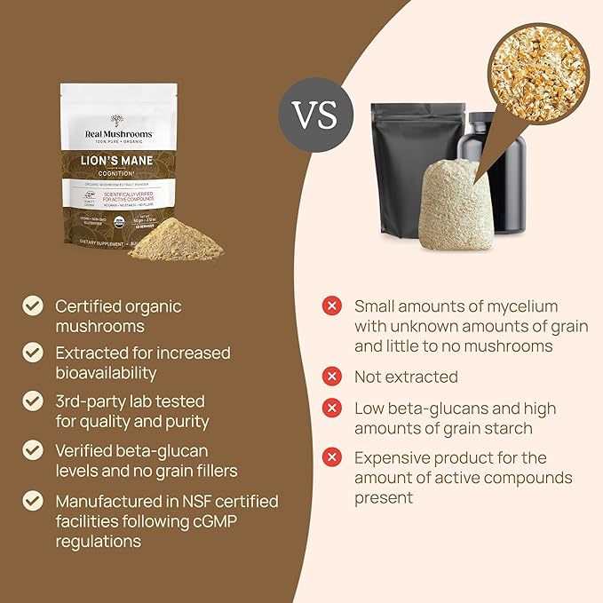 Real Mushrooms Lions Mane Powder - Organic Mushroom Extract for Cognitive Function Immune Support Brain Supplements Memory and Focus Vegan Supplement, 60 Servings