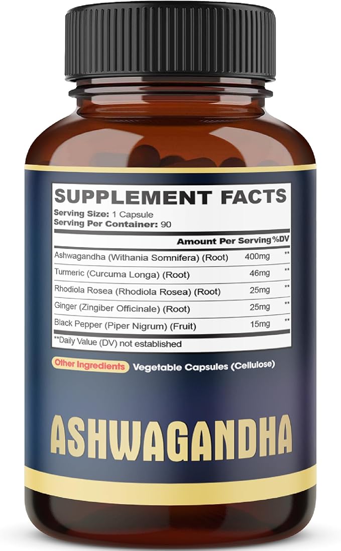 Ashwagandha Extract Capsule - Great Strength - 5in1 Blended Ginger, Turmeric, Rhodiola Rosea & Black Pepper - 90 Capsules for 3 Months - Strength, Spirit & Immune Support