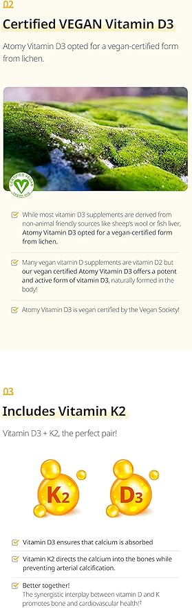 Atomy Vitamin D3 - Supports Bone and Immune Health 90 Tablets Organic Vegan Non-GMO