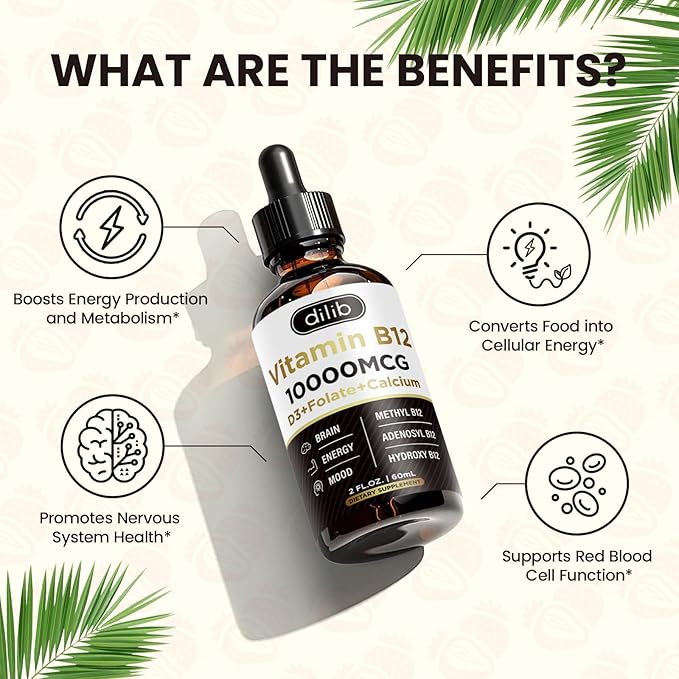 Vitamin B12 Liquid Drops Sublingual 10000 mcg, Triple B-12 Complex Supplement, Methyl & Methylcobalamin Blend for Women & Men, Mood & Energy Booster, Methylated B 12 for Metabolism & Health Support