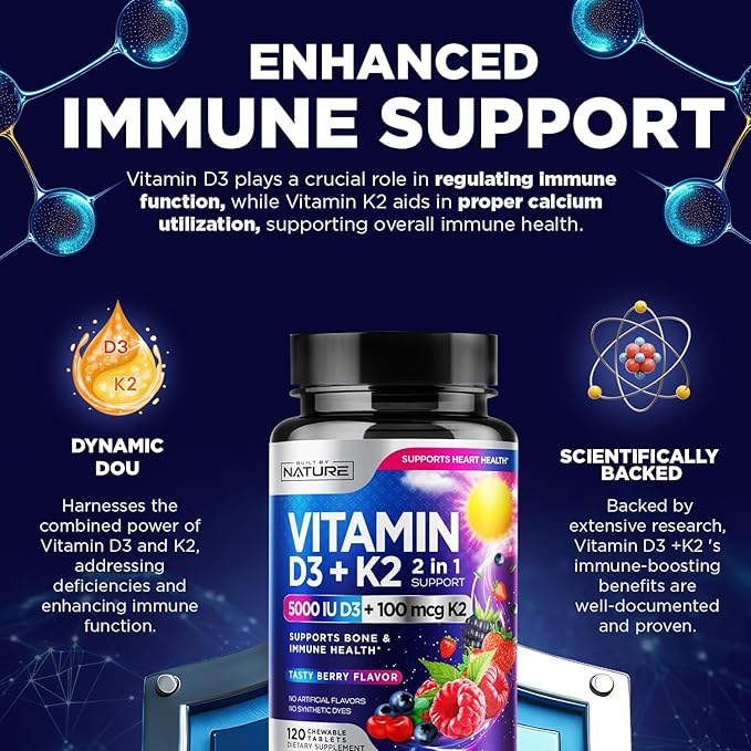 Vitamin D3 K2 – Chewable Vitamin D 5000 IU & K2 MK-7 100 mcg – 2 in 1 Vitamin D K2 Supplement Chews - Immune, Heart, & Bone Support – Non GMO - Tasty Berry Flavor - 120 Chewable Tablets