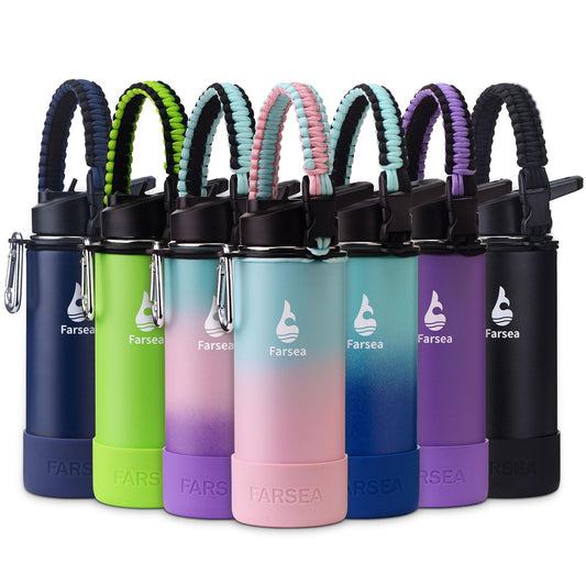 Farsea Insulated Water Bottle With Paracord Handle, Protective Boot and 2 Lids (Straw Lid & Spout Lid), Stainless Steel Water Bottle Wide Mouth, Double Wall Sweat-Proof BPA-Free, 18 oz